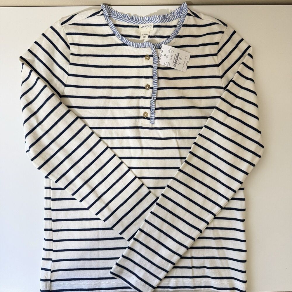 J. Crew Crewcuts Shirt Girls XL (12-14) Navy Striped Ruffle Trim Long Sleeve NEW